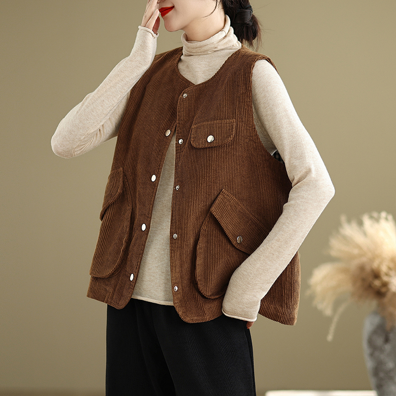 复古全棉灯芯绒马甲女春秋宽松百搭拼接大口袋圆领背心坎肩外套潮