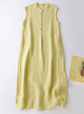 春夏新款无袖立领包肩袖水洗肌理感中长裙宽松大码连衣裙子黄色