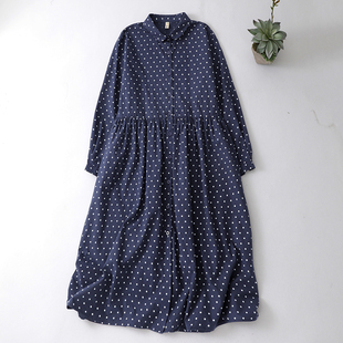折扣春秋纯棉波点连衣裙女复古中长衬衫裙子POLO领圆点裙子衬衫裙