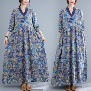 折扣新款 复古文艺拼接盘扣旗袍宽松改良洋气棉麻连衣裙过膝 秋装