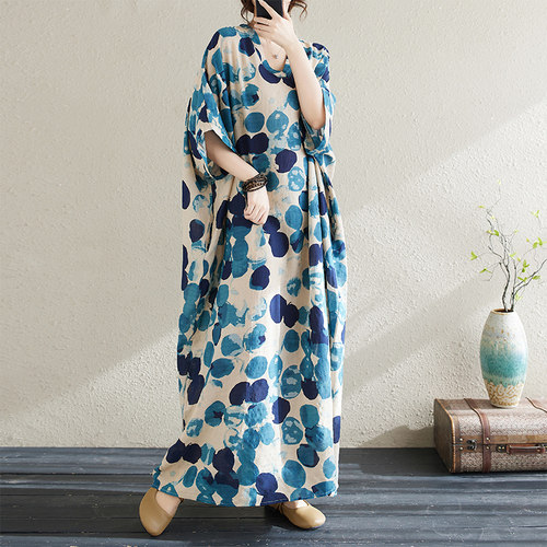 夏季花色度假风旅游V领复古长裙遮肉棉麻连衣裙过膝长裙子圆点