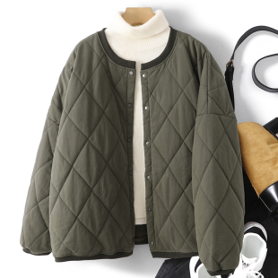 日系绿色菱形格轻薄棉服外套女秋冬新款 上衣 复古休闲简约宽松短款