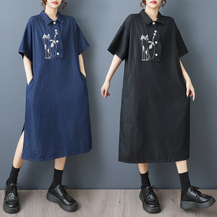 新款夏季宽松牛仔连衣裙绣花开叉中长款卫衣裙文艺复古大码女过膝