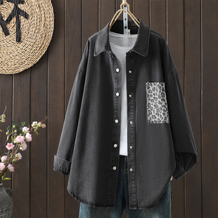 复古韩系宽松衬衫牛仔面料口袋提花单排扣落肩款遮肉显瘦百搭上衣