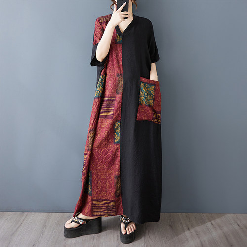 薄棉麻印花显瘦V领短袖撞色拼接黑长款连衣裙 胖mm宽松袍子加长款