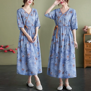 文艺大码 复古宽松收腰系带大摆中长裙子过膝 棉麻印花连衣裙女夏季