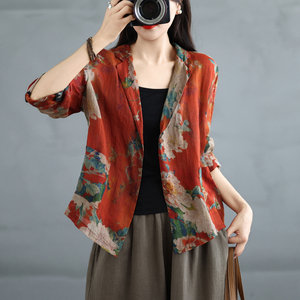 折扣薄款 春夏季新品原创复古文艺气质显瘦印花棉麻西装防晒外套
