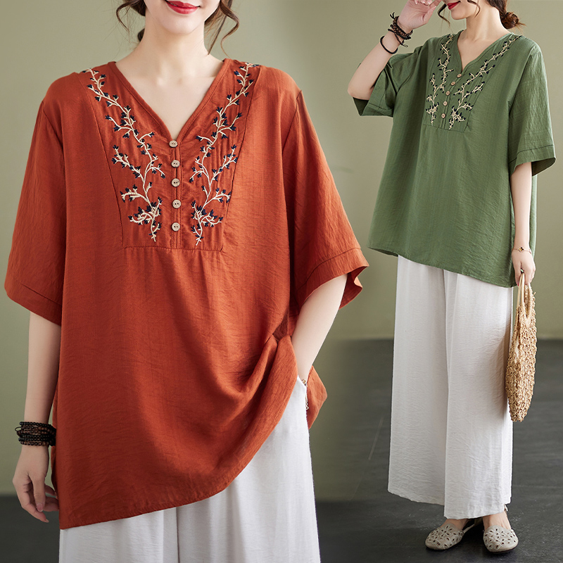 中式折扣夏新款宽松休闲大码田园T恤V领文艺复古民族风刺绣上衣女