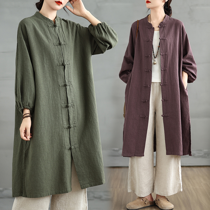禅修服居士服中长款佛系禅意外套素衣棉麻套装开衫上衣秋中长款