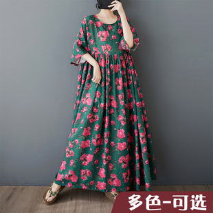 折扣捡漏 中老年妈妈装麻棉印花圆领肩连袖大摆外贸连衣裙女