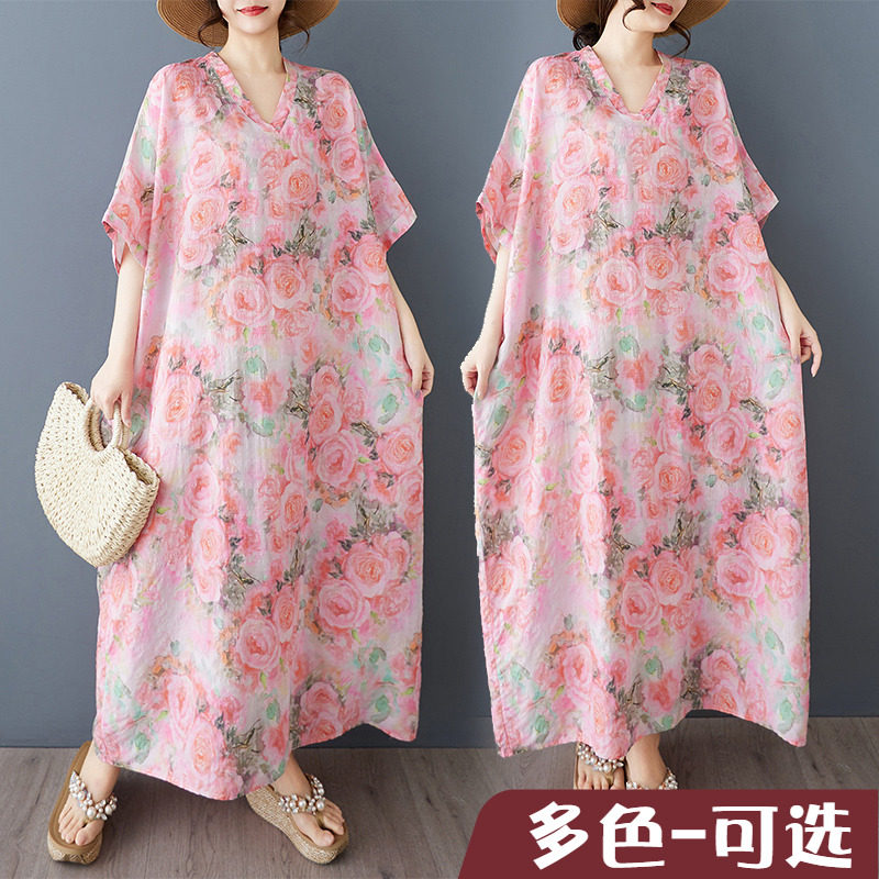 夏季花色度假风旅游V领复古长裙遮肉棉麻连衣裙蝙蝠袖200斤可穿,女装/女士精品,连衣裙,淘宝优惠券,粉丝福利购,淘宝优惠卷
