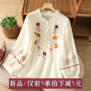 折扣捡漏原创波西米亚民族风绣花亚麻衬衫复古刺绣棉麻上衣花边领