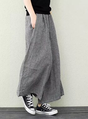大码女装新款日系风松紧腰百搭千鸟格九分亚麻阔腿休闲裤松紧腰