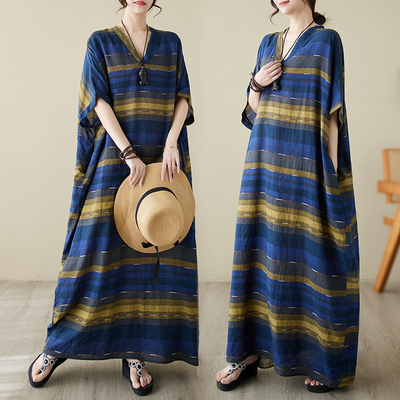 宽松文艺棉麻条纹休闲连衣裙