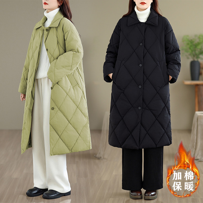 长款女冬季棉服 轻薄过膝2025新款复古外套大衣菱形格子过膝风衣,女装/女士精品,棉衣/棉服,淘宝优惠券,粉丝福利购,淘宝优惠卷