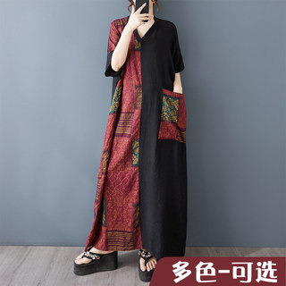 薄棉麻印花显瘦V领短袖撞色拼接黑长款连衣裙 胖mm宽松袍子加长款