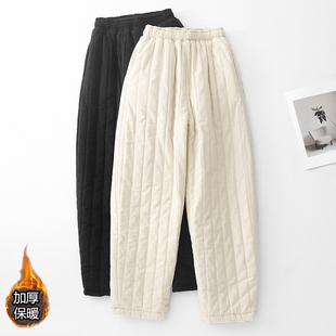 加棉棉裤 轻便夹棉保暖长裤 绗缝竖格休闲裤 棉麻女装 女外穿 秋冬新款