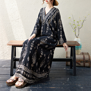 防晒V领垂感定位花宽松显瘦连衣裙女 高级感长袖 绵绸大码 原创法式