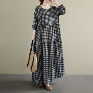 大码 妈妈装 棉麻外贸折扣低价 百褶格子连衣裙 复古减龄圆领长袖