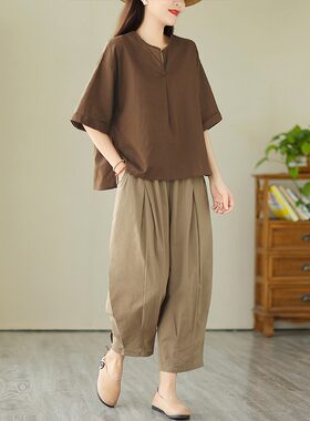 棉麻套装夏季女复古文艺宽松亚麻两件套女士民族风女装