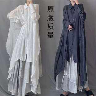 原版 质量极简不规则飘逸下摆天丝麻纱中长款 翻领防晒宽松文艺衬衫