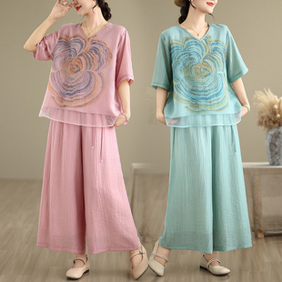 夏季 宽松显瘦两件套女好质量薄款 新款 阔腿裤 时尚 休闲复古棉麻套装