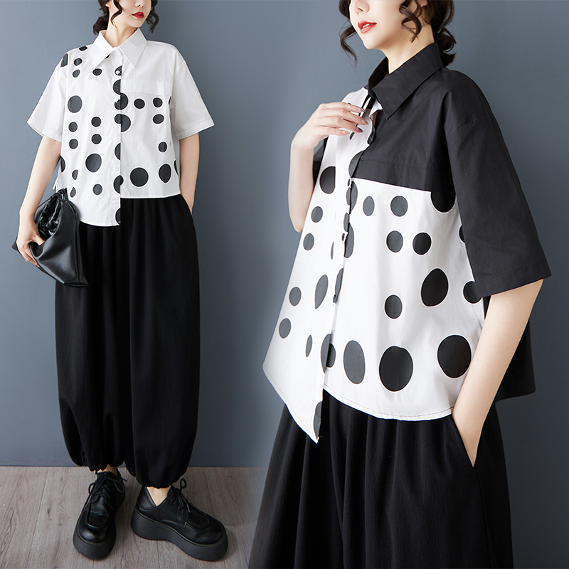 新款夏季复古风圆点衬衫短袖拼接设计感不规则通勤显瘦胖MM女出口
