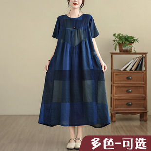 夏季新款复古棉麻印花圆领短袖连衣裙女宽松大码显瘦拼接圆领高腰