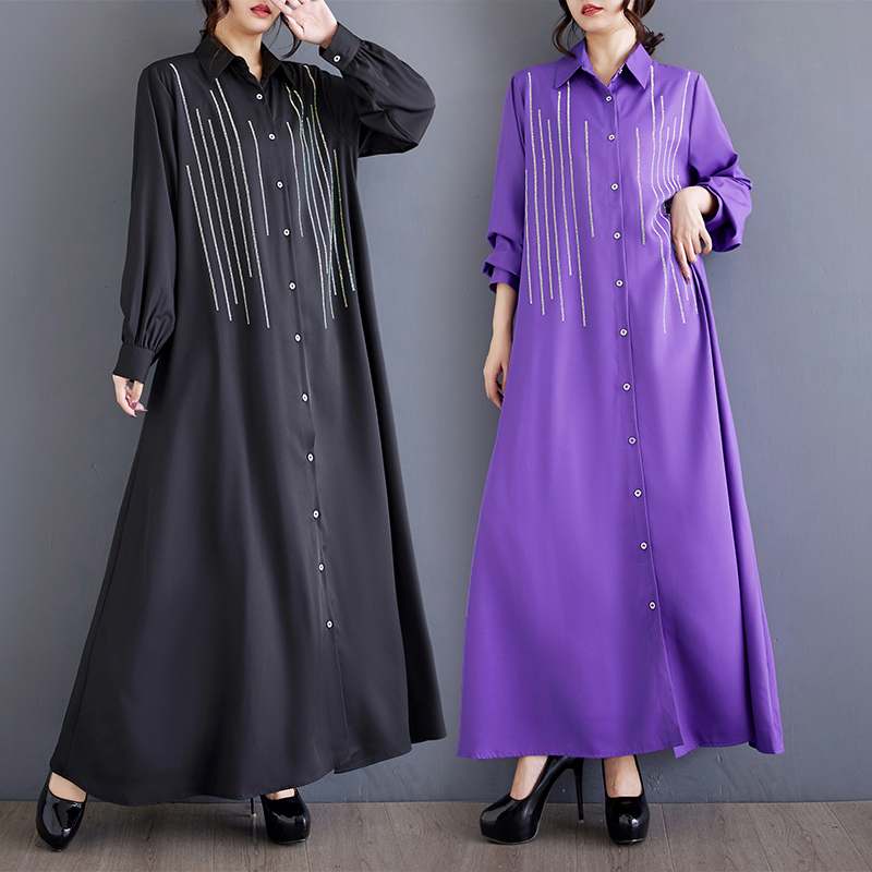 春秋季新款宽松时尚简约工艺烫钻中长款气质连衣裙子紫色翻领涤棉