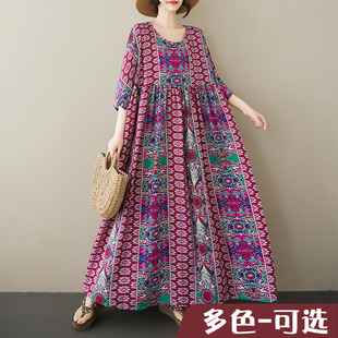 夏季新款女士大码麻棉连衣裙圆领短袖休闲中老年妈妈装外贸出口