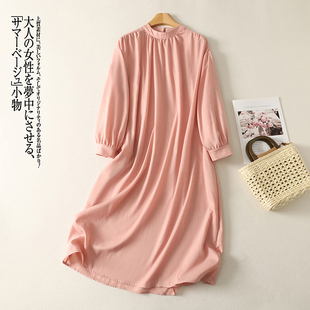 文艺气质春夏简约宽松聚酯苎麻长袖连衣裙 中长款粉色裙子好质量