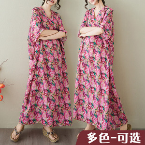 200斤可穿夏季花色度假风旅游V领复古长裙遮肉棉麻连衣裙子袍子