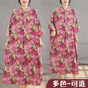 外贸出口折扣捡漏文艺印花立领棉麻长袖连衣裙宽松加肥加大过膝