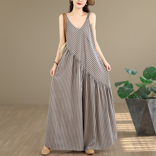 女夏度假条纹背带阔腿裤 宽松休闲慵懒风吊带连体裤 新款 捡漏夏季