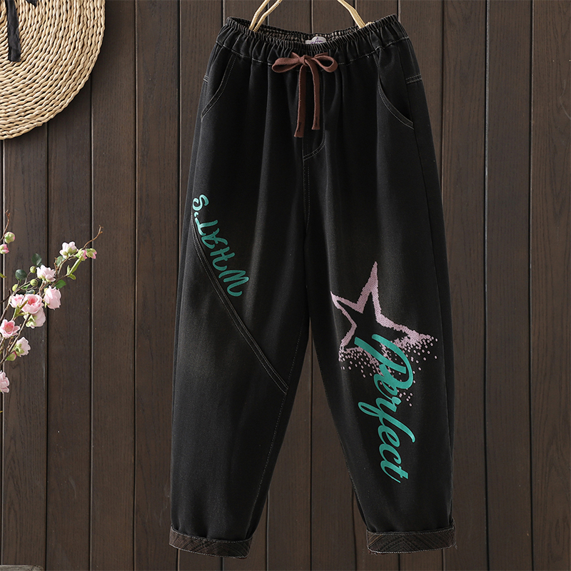 春秋季新款重工贴布刺绣印花牛仔哈伦9分裤梓松紧腰抽绳腰带百搭