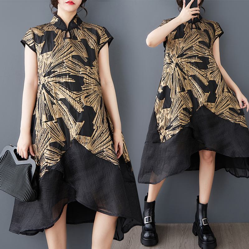 新中式春夏新款宽松显瘦立领工艺提花不规则拼接气质旗袍连衣裙