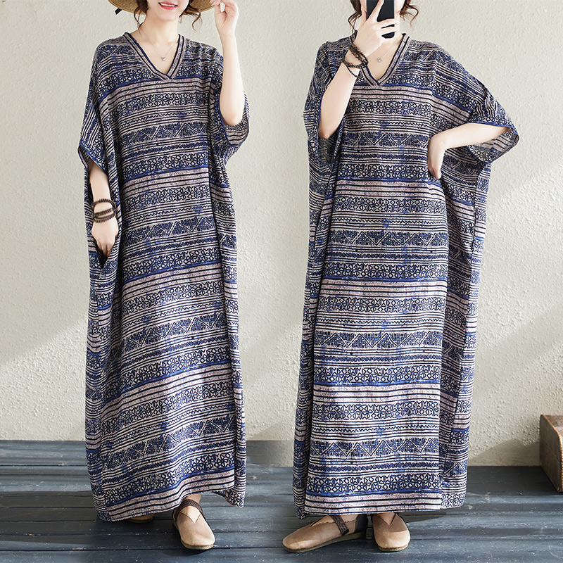 折扣夏季花色度假风旅游V领复古长裙遮肉棉麻连衣裙子加长款裙子