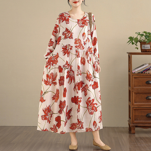 低价红色大花朵印花连衣裙女春秋长袖亚麻棉长款大摆宽松遮腹显瘦