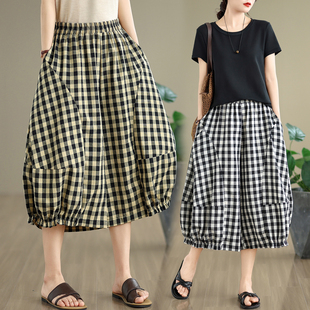 新款 潮胖裤 格子休闲裤 高腰棉麻灯笼裤 子藏肉 女士遮肉显瘦裤 夏季
