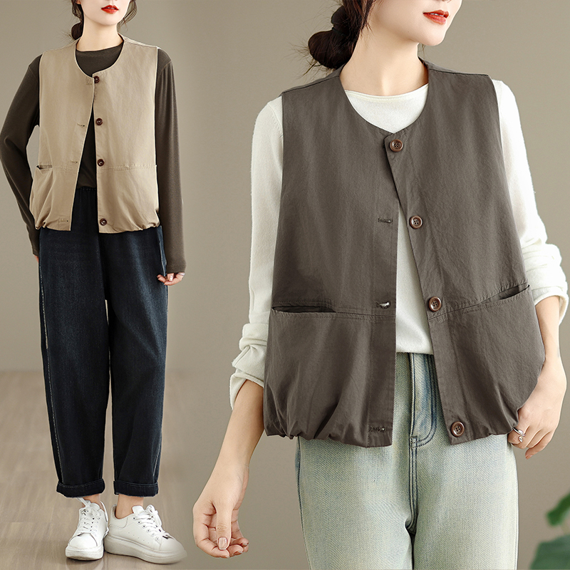 有内衬纯色春秋全棉马甲外套内里格纹无袖马夹开衫宽松外搭上衣女