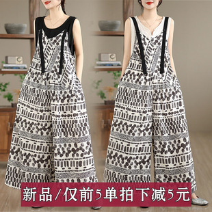 薄款宽松休闲V领背带裤女 夏季复古显瘦气质宽松阔腿雪纺连体裤