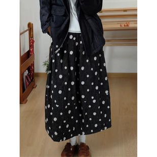 冬季 森女文艺松紧腰波点宽松大摆中长裙百搭保暖夹棉半身裙点点图
