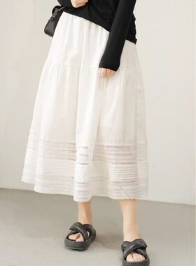 通勤气质 女士纯棉半身裙 刺绣镂空拼接 A字大裙摆伞裙 夏款女装