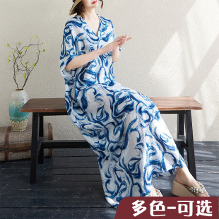 折扣捡漏薄V领薄棉麻大码宽松文艺度假风沙滩裙复古遮肉长款袍子