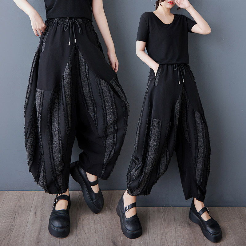 外单夏装新款暗黑风不规则条纹撞色拼接哈伦裤百搭宽松嘻哈休闲裤