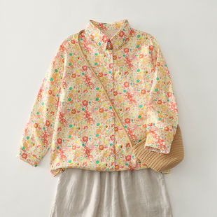 衬衣大码 韩范复古印花纯棉长袖 女装 宽松衬衫 折扣春装 方领开衫 新款
