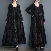 春秋装 外套 盘扣中长黑色长裙款 新款 复古暗黑国风暗纹提花丝绒中式