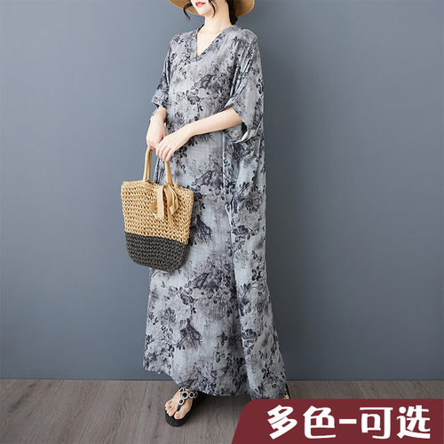 折扣捡漏外贸披发 夏季花色度假风旅游V领复古长裙遮肉棉麻连衣裙