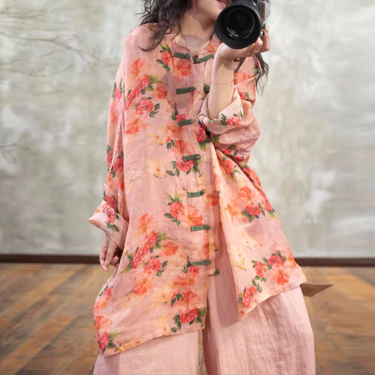 早秋新中式盘扣苎麻印花文艺中长款开衫薄款蝙蝠袖大码女装上衣