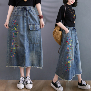 刺繡牛仔半身裙顯瘦A字裙文藝復古寬松女裙松緊腰系帶裙 折扣新款